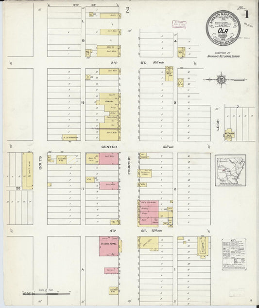 Sanborn Fire Insurance Map from Ola, Yell County, Arkansas (1913), Sheet #0001 - Complete Map Set gallery image, historic Sanborn map, vintage wall art, Arkansas Arkansas