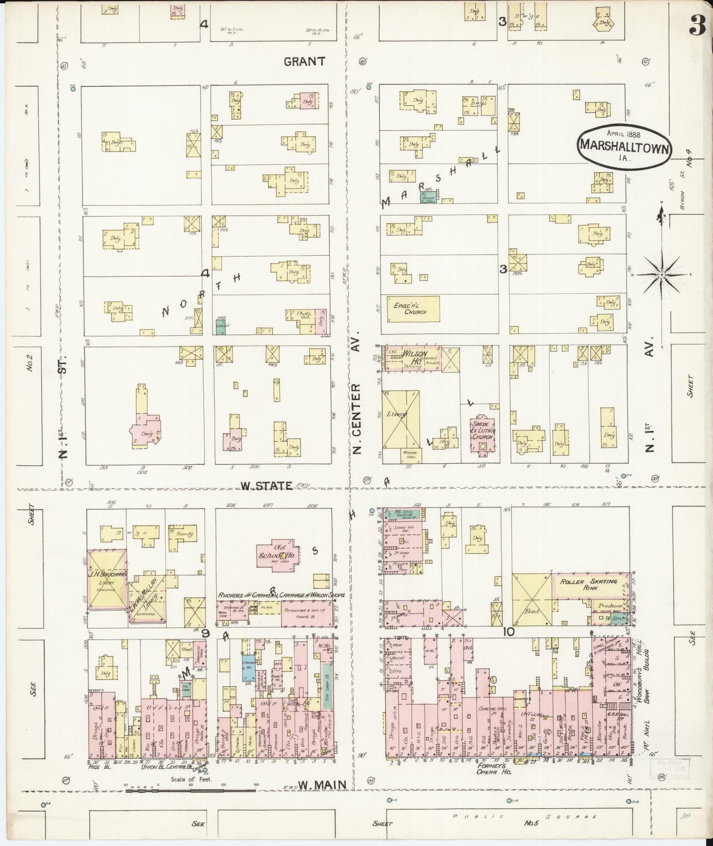 Sanborn Fire Insurance Map from Marshalltown, Marshall County, Iowa (1888), Sheet #0003 - Historic Sanborn Fire Insurance Map Print