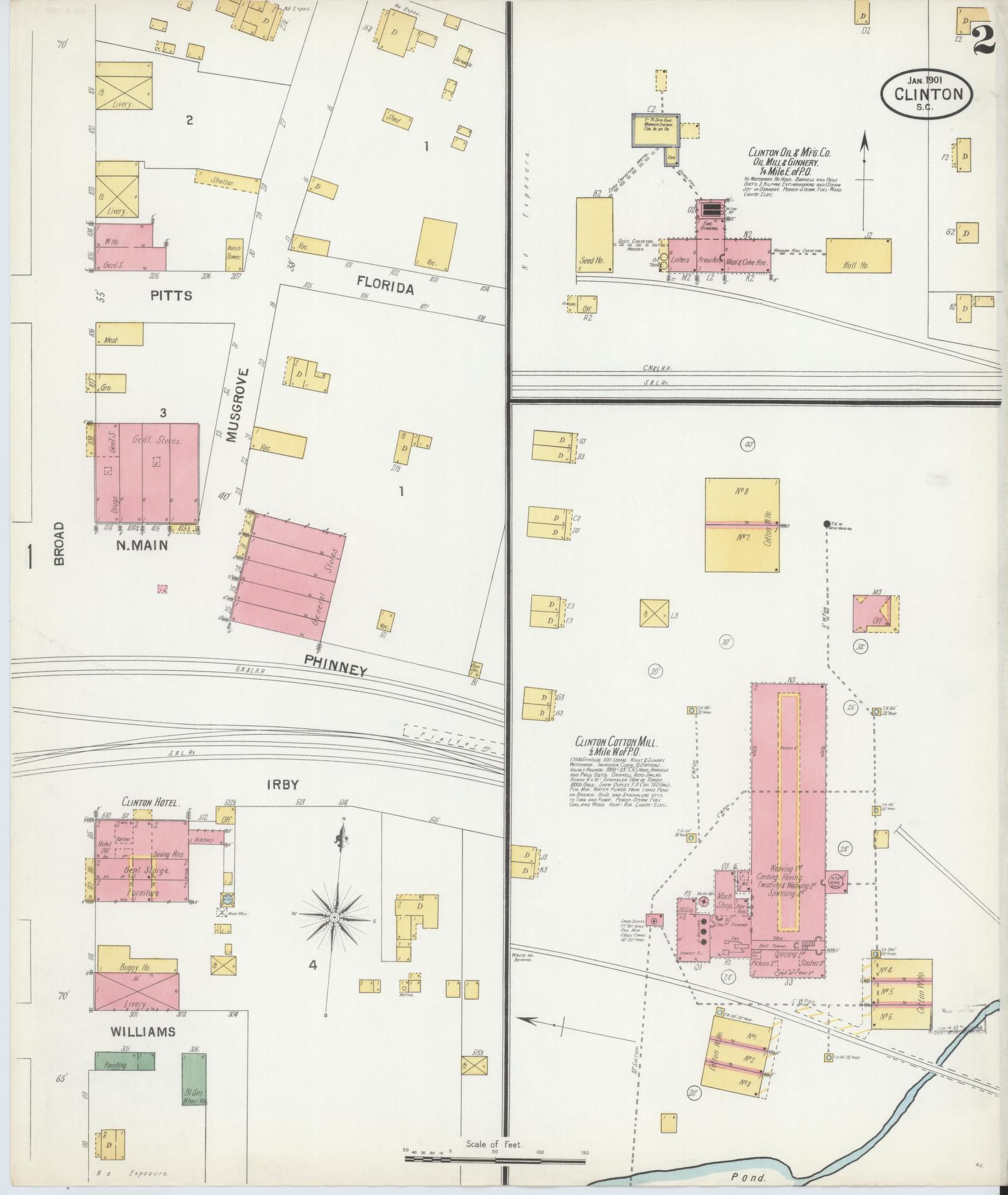 Sanborn Fire Insurance Map from Clinton, Laurens County, South Carolina (1901), Sheet #0002 - Historic Sanborn Fire Insurance Map Print, vintage old map wall art, antique decor, genealogy gift, South Carolina South Carolina map