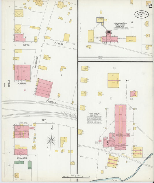 Sanborn Fire Insurance Map from Clinton, Laurens County, South Carolina (1901), Sheet #0002 - Historic Sanborn Fire Insurance Map Print, vintage old map wall art, antique decor, genealogy gift, South Carolina South Carolina map
