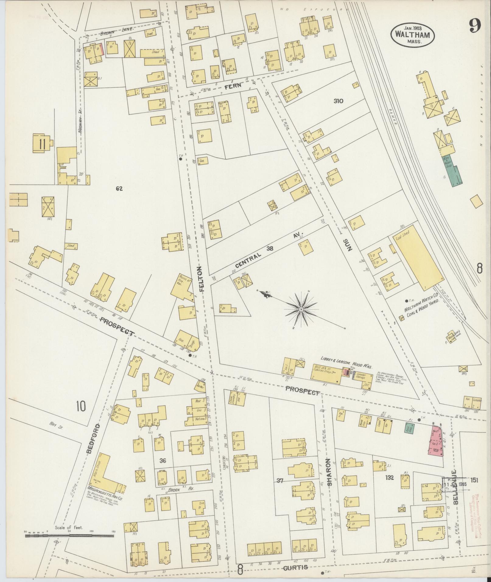 Sanborn Fire Insurance Map from Waltham, Middlesex County, Massachusetts (1903), Sheet #0009 - Historic Sanborn Fire Insurance Map Print, vintage old map wall art, antique decor, genealogy gift, Massachusetts Massachusetts map