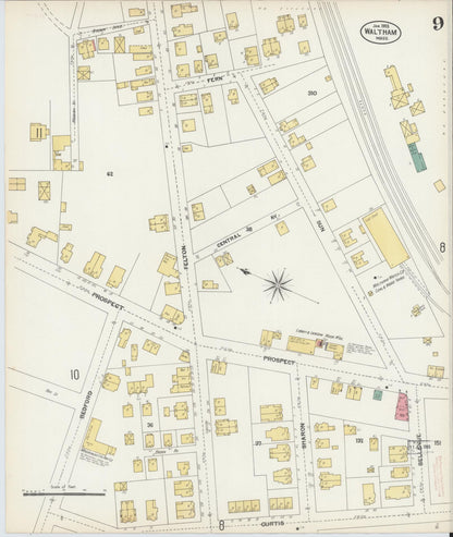 Sanborn Fire Insurance Map from Waltham, Middlesex County, Massachusetts (1903), Sheet #0009 - Historic Sanborn Fire Insurance Map Print, vintage old map wall art, antique decor, genealogy gift, Massachusetts Massachusetts map