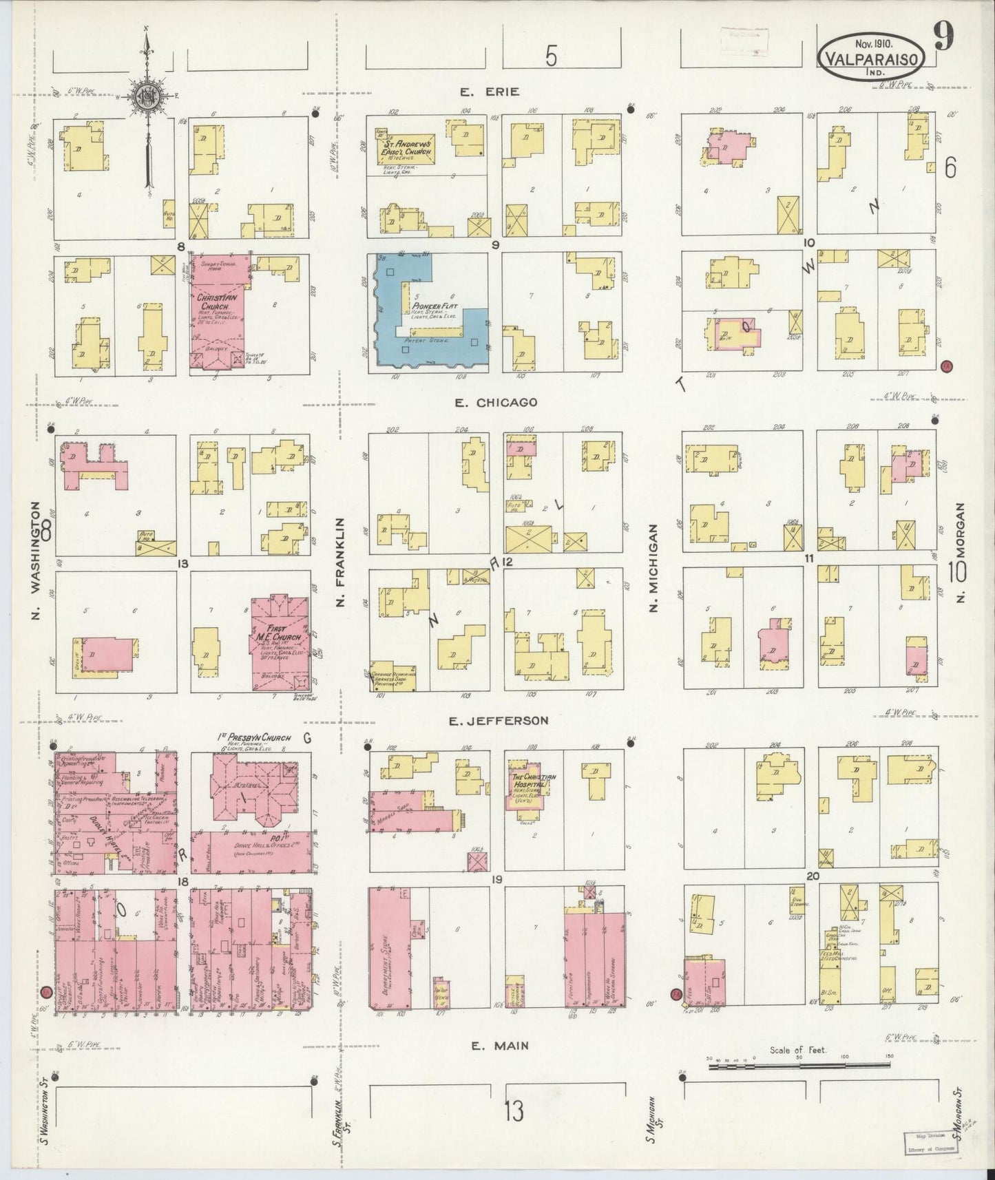 Sanborn Fire Insurance Map from Valparaiso, Porter County, Indiana (1910), Sheet #0009 - Complete Map Set gallery image, historic Sanborn map, vintage wall art, Indiana Indiana