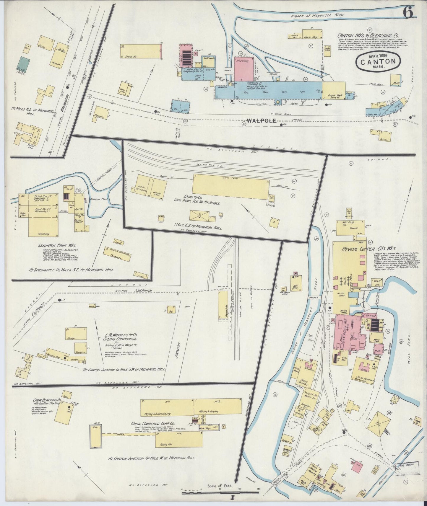 Sanborn Fire Insurance Map from Canton, Norfolk County, Massachusetts (1896), Sheet #0006 - Historic Sanborn Fire Insurance Map Print, vintage old map wall art, antique decor, genealogy gift, Massachusetts Massachusetts map