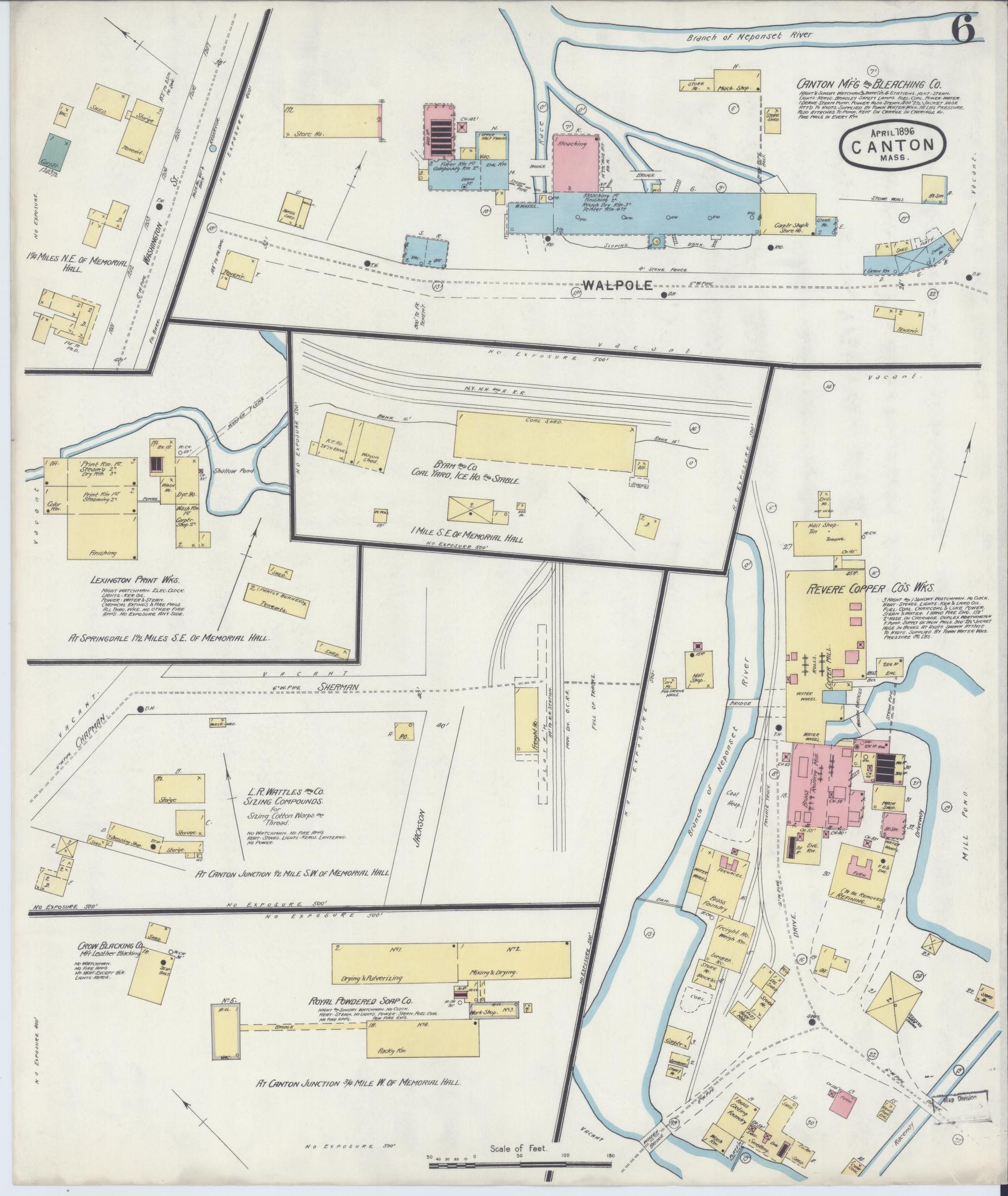 Sanborn Fire Insurance Map from Canton, Norfolk County, Massachusetts (1896), Sheet #0006 - Historic Sanborn Fire Insurance Map Print, vintage old map wall art, antique decor, genealogy gift, Massachusetts Massachusetts map