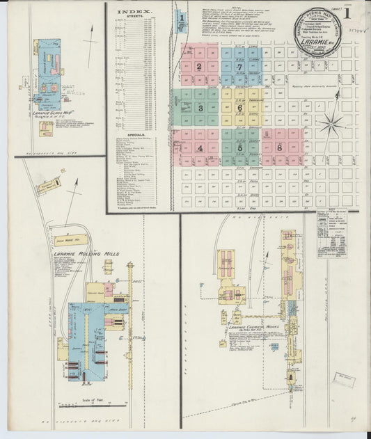 Sanborn Fire Insurance Map from Laramie, Albany County, Wyoming (1890), Sheet #0001 - Historic Sanborn Fire Insurance Map Print, vintage old map wall art, antique decor, genealogy gift, Wyoming Wyoming map