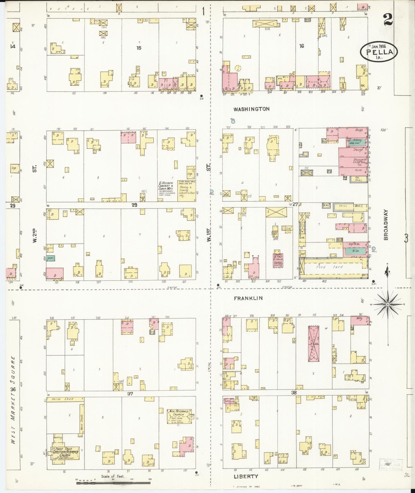 Sanborn Fire Insurance Map from Pella, Marion County, Iowa (1906), Sheet #0002 - Historic Sanborn Fire Insurance Map Print, vintage old map wall art
