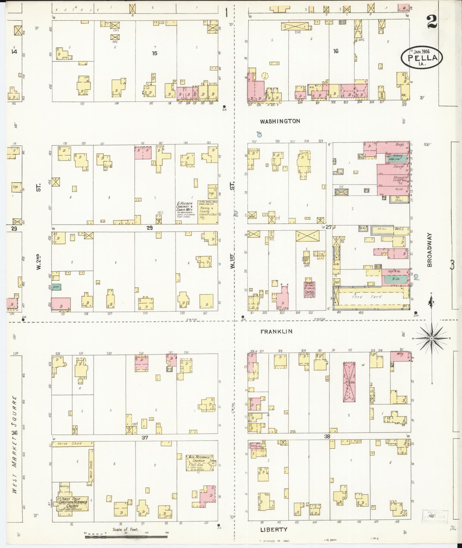Sanborn Fire Insurance Map from Pella, Marion County, Iowa (1906), Sheet #0002 - Historic Sanborn Fire Insurance Map Print, vintage old map wall art