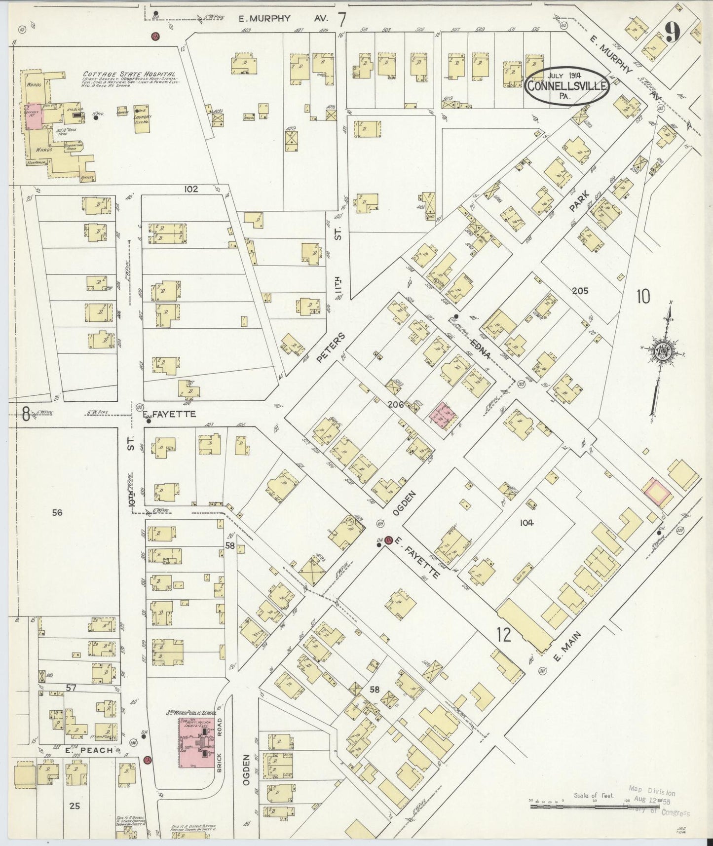 Sanborn Fire Insurance Map from Connellsville, Fayette County, Pennsylvania (1914), Sheet #0009 - Historic Sanborn Fire Insurance Map Print, vintage old map wall art, antique decor, genealogy gift, Pennsylvania Pennsylvania map