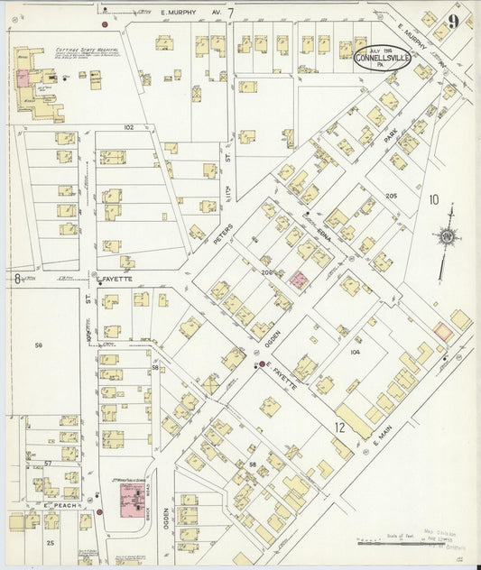 Sanborn Fire Insurance Map from Connellsville, Fayette County, Pennsylvania (1914), Sheet #0009 - Historic Sanborn Fire Insurance Map Print, vintage old map wall art, antique decor, genealogy gift, Pennsylvania Pennsylvania map