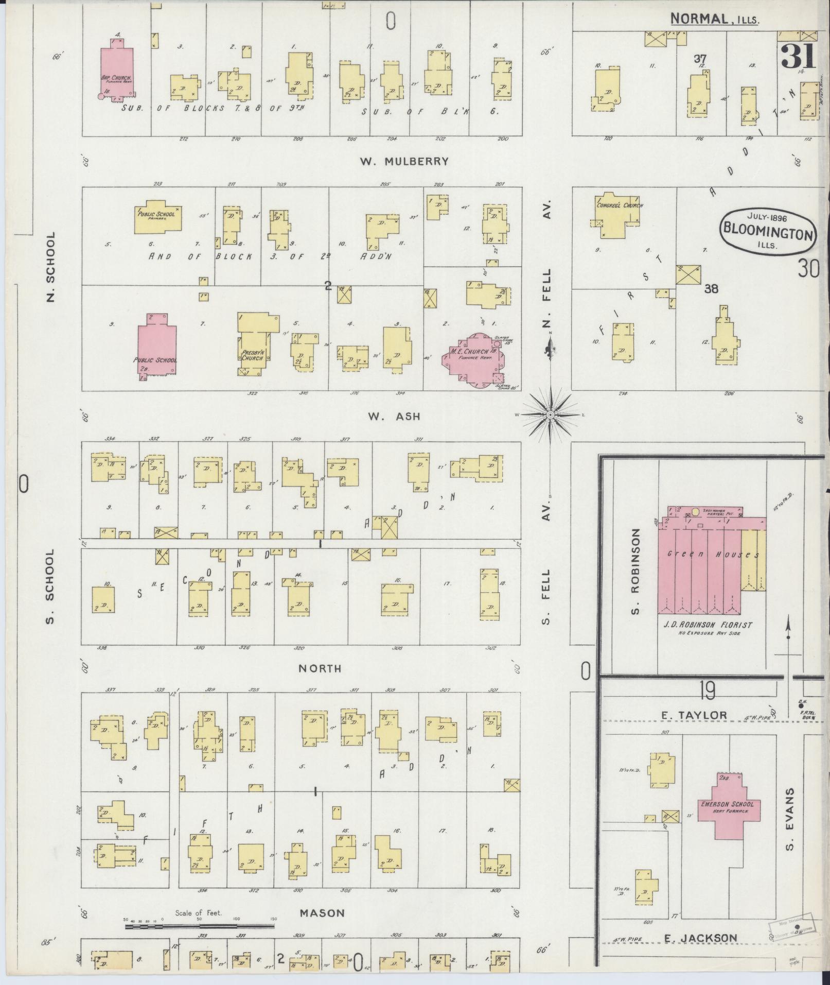 Sanborn Fire Insurance Map from Bloomington, McLean County, Illinois (1896), Sheet #0031 - Historic Sanborn Fire Insurance Map Print, vintage old map wall art, antique decor, genealogy gift, Illinois Illinois map