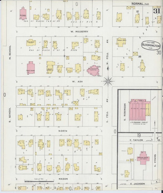 Sanborn Fire Insurance Map from Bloomington, McLean County, Illinois (1896), Sheet #0031 - Historic Sanborn Fire Insurance Map Print, vintage old map wall art, antique decor, genealogy gift, Illinois Illinois map