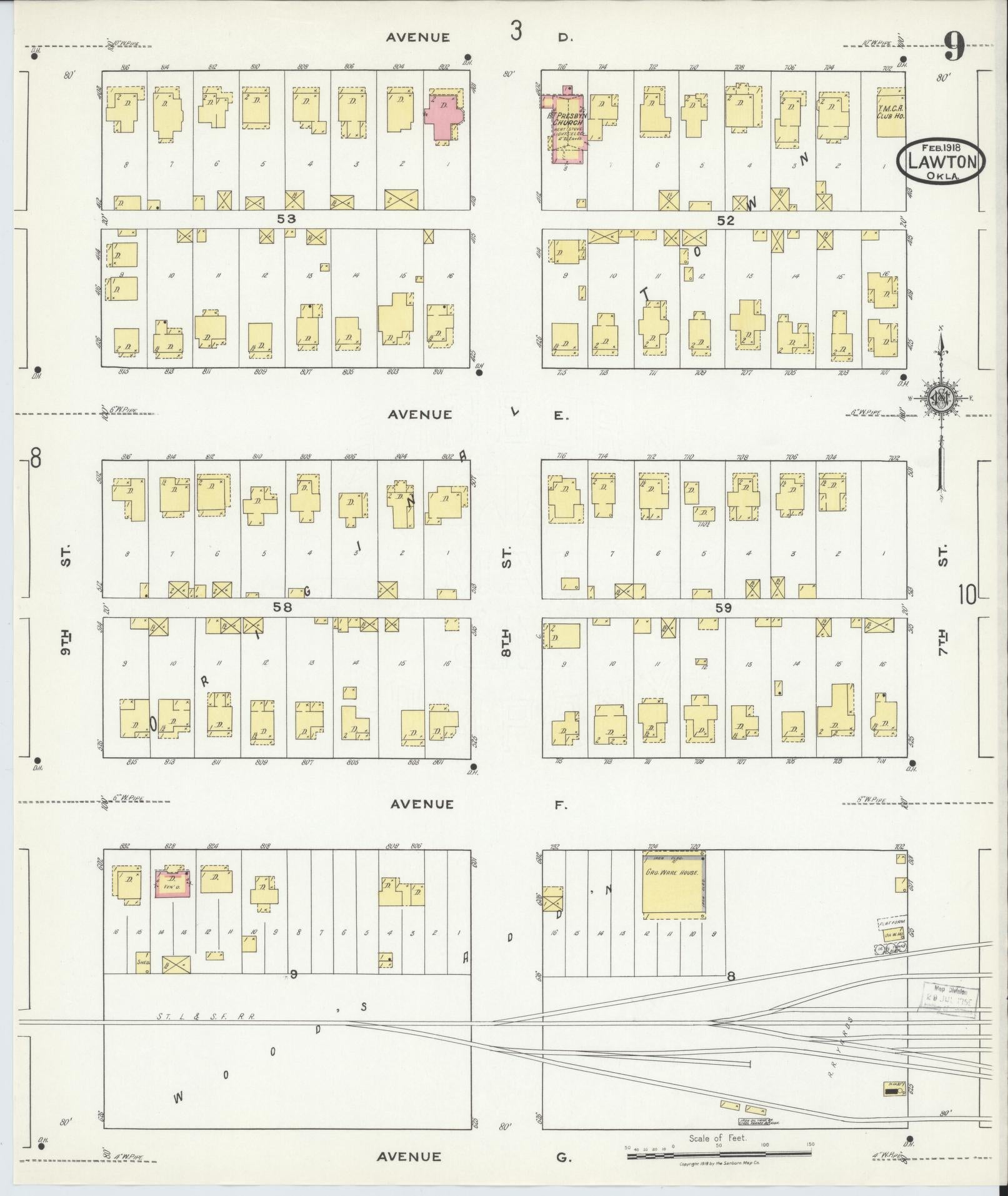 Sanborn Fire Insurance Map from Lawton, Comanche County, Oklahoma (1918), Sheet #0009 - Historic Sanborn Fire Insurance Map Print, vintage old map wall art, antique decor, genealogy gift, Oklahoma Oklahoma map
