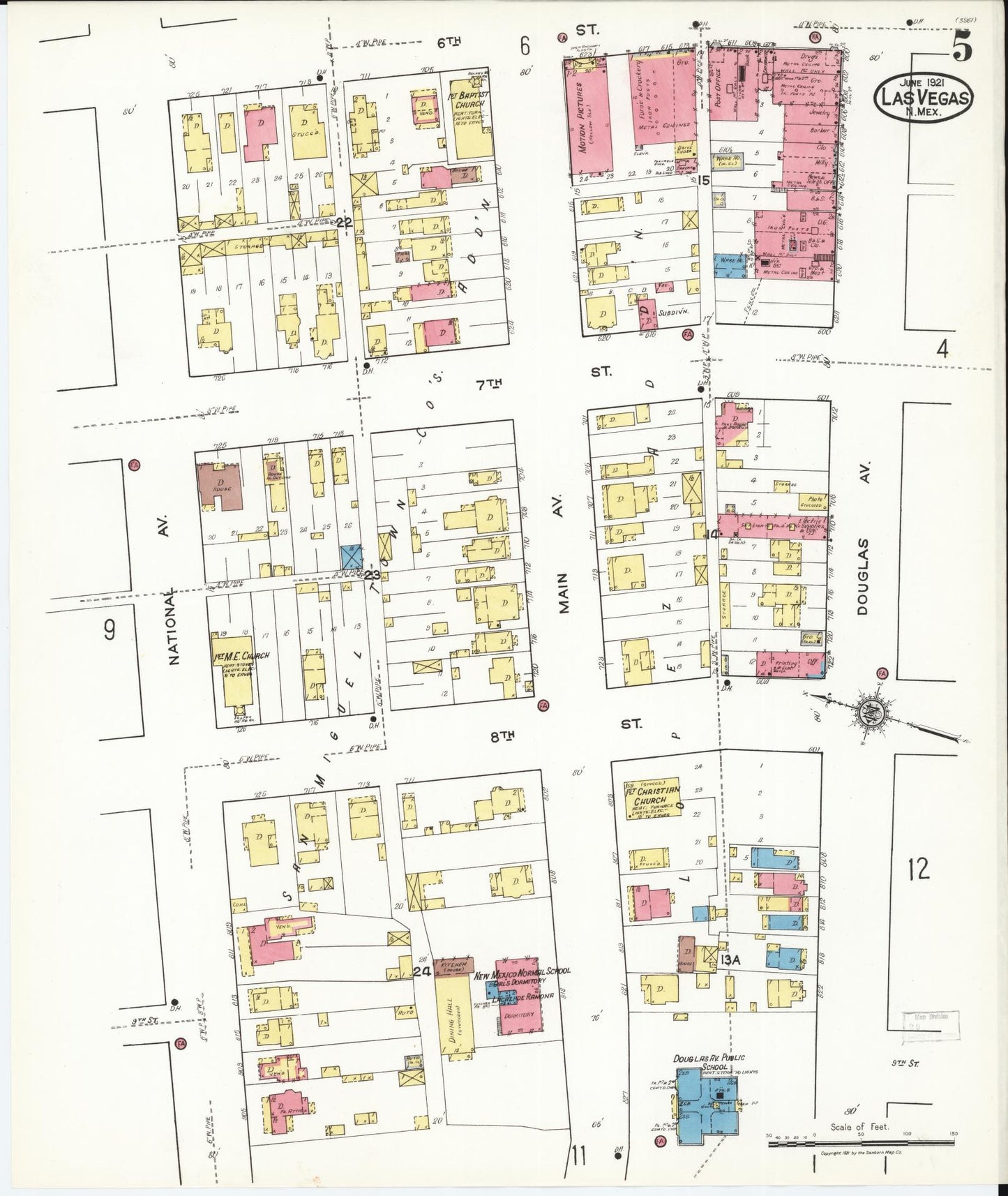 Sanborn Fire Insurance Map from Las Vegas, San Miguel County, New Mexico (1921), Sheet #0005 - Complete Map Set gallery image, historic Sanborn map, vintage wall art, New Mexico New Mexico