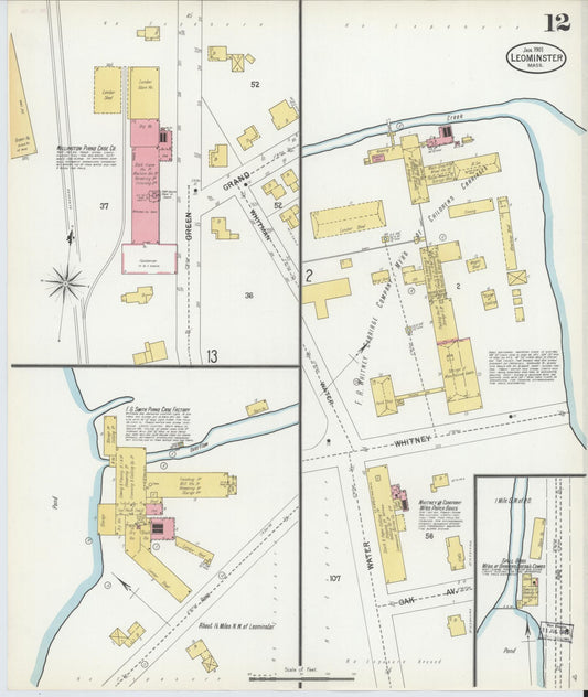 Sanborn Fire Insurance Map from Leominster, Worcester County, Massachusetts (1901), Sheet #0012 - Historic Sanborn Fire Insurance Map Print, vintage old map wall art, antique decor, genealogy gift, Massachusetts Massachusetts map