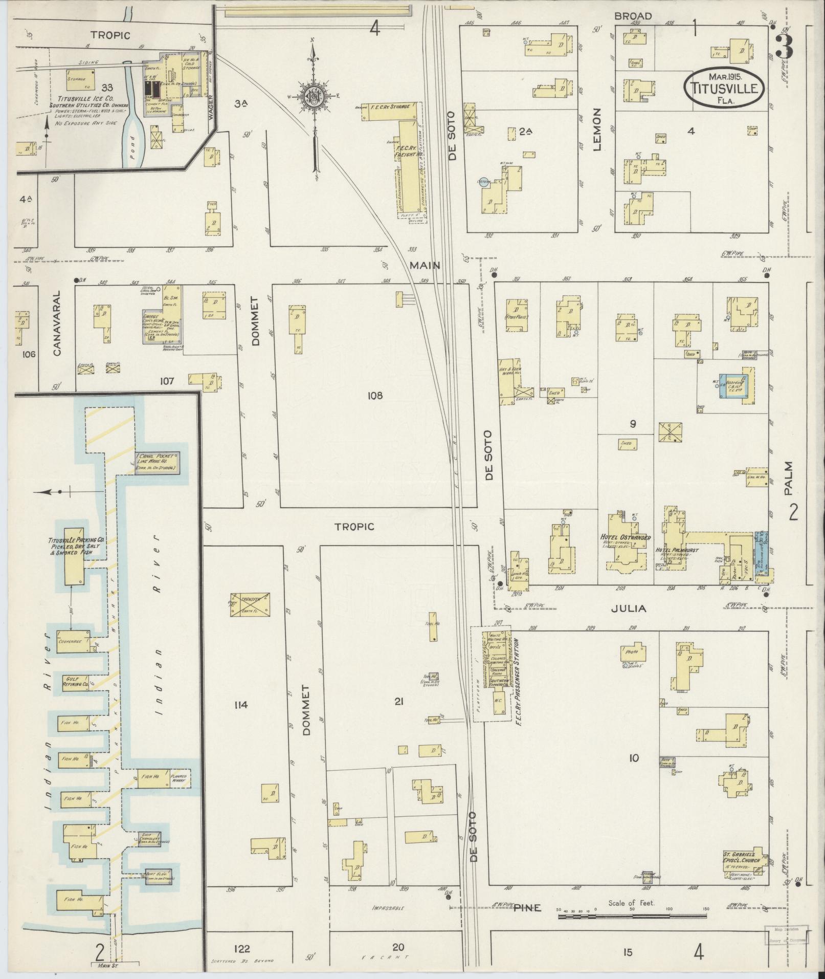 Sanborn Fire Insurance Map from Titusville, Brevard County, Florida (1915), Sheet #0003 - Complete Map Set gallery image, historic Sanborn map, vintage wall art, Florida Florida