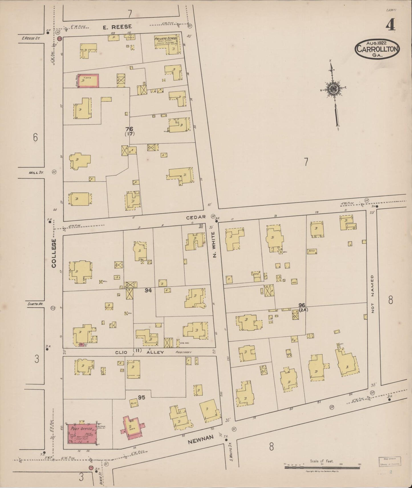 Sanborn Fire Insurance Map from Carrollton, Carroll County, Georgia (1922), Sheet #0004 - Historic Sanborn Fire Insurance Map Print, vintage old map wall art, antique decor, genealogy gift, Georgia Georgia map