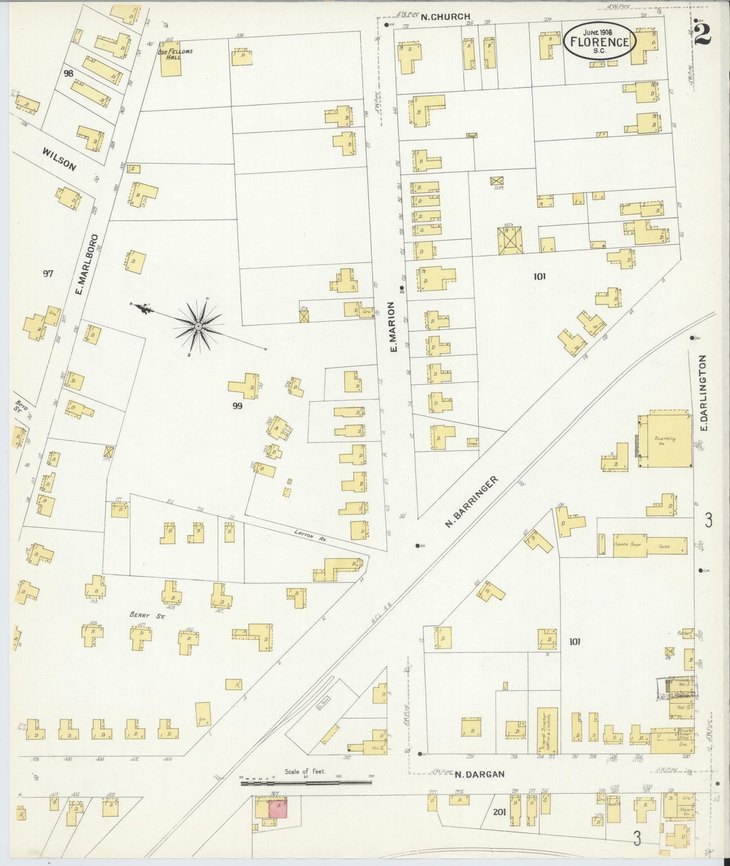 Sanborn Fire Insurance Map from Florence, Florence County, South Carolina (1908), Sheet #0002 - Complete Map Set gallery image, historic Sanborn map, vintage wall art, South Carolina South Carolina