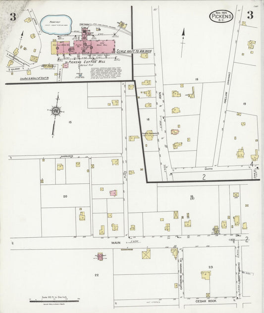 Sanborn Fire Insurance Map from Pickens, Pickens County, South Carolina (1924), Sheet #0003 - Historic Sanborn Fire Insurance Map Print, vintage old map wall art, antique decor, genealogy gift, South Carolina South Carolina map