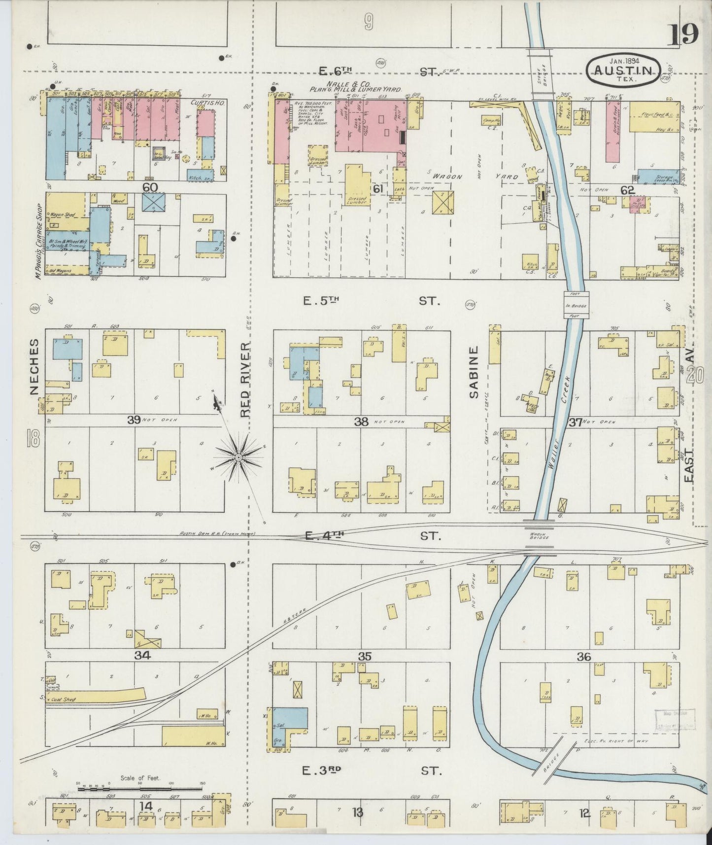 Sanborn Fire Insurance Map from Austin, Travis County, Texas (1894), Sheet #0019 - Historic Sanborn Fire Insurance Map Print, vintage old map wall art, antique decor, genealogy gift, Texas Texas map