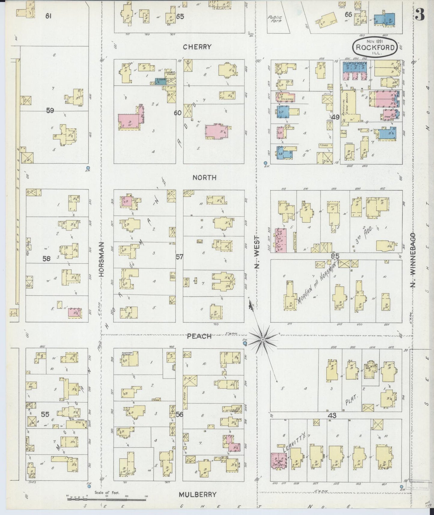 Sanborn Fire Insurance Map from Rockford, Winnebago County, Illinois (1891), Sheet #0003 - Complete Map Set gallery image, historic Sanborn map, vintage wall art, Illinois Illinois