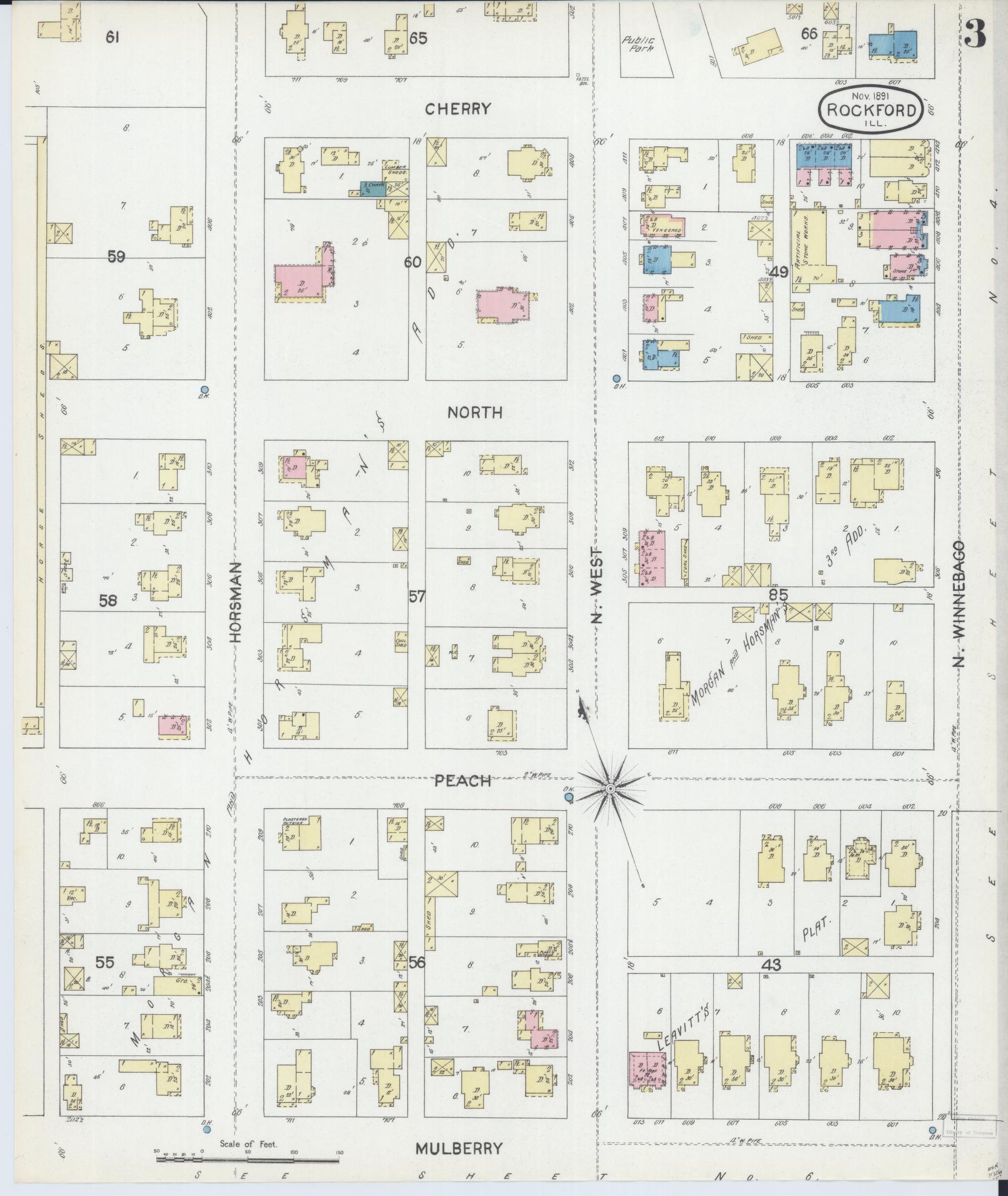 Sanborn Fire Insurance Map from Rockford, Winnebago County, Illinois (1891), Sheet #0003 - Complete Map Set gallery image, historic Sanborn map, vintage wall art, Illinois Illinois