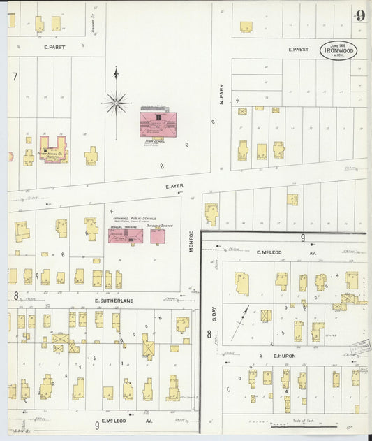 Sanborn Fire Insurance Map from Ironwood, Gogebic County, Michigan (1908), Sheet #0009 - Historic Sanborn Fire Insurance Map Print, vintage old map wall art, antique decor, genealogy gift, Michigan Michigan map