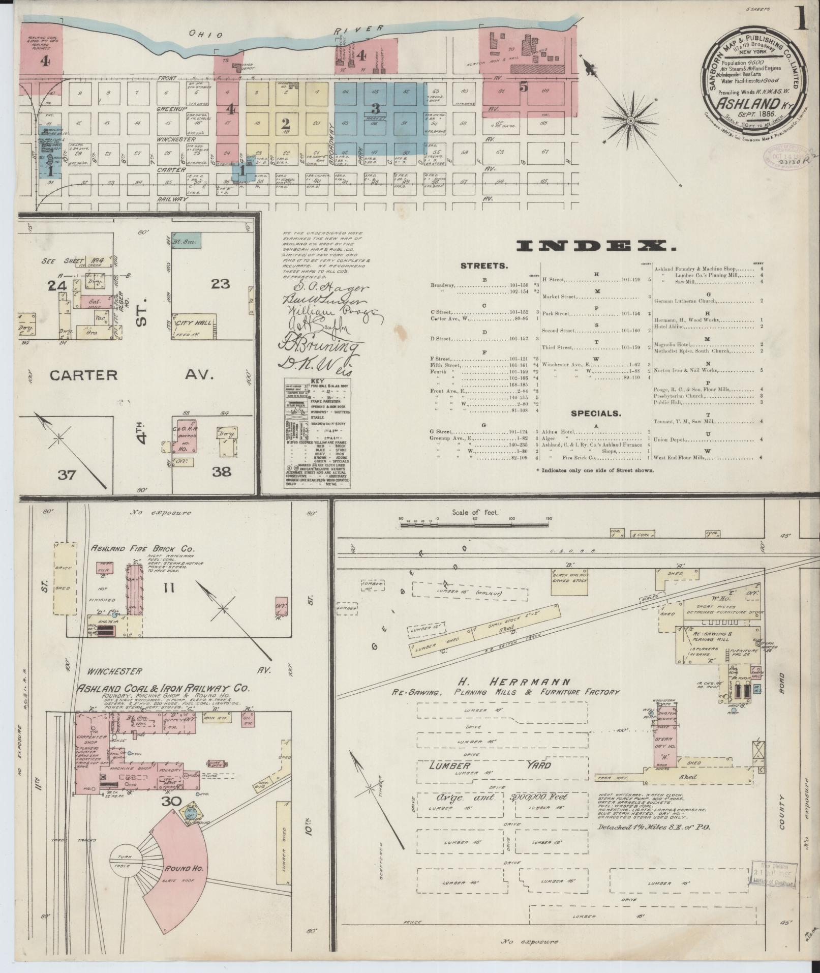 Sanborn Fire Insurance Map from Ashland, Boyd County, Kentucky (1886), Sheet #0001 - Complete Map Set gallery image, historic Sanborn map, vintage wall art, Kentucky Kentucky
