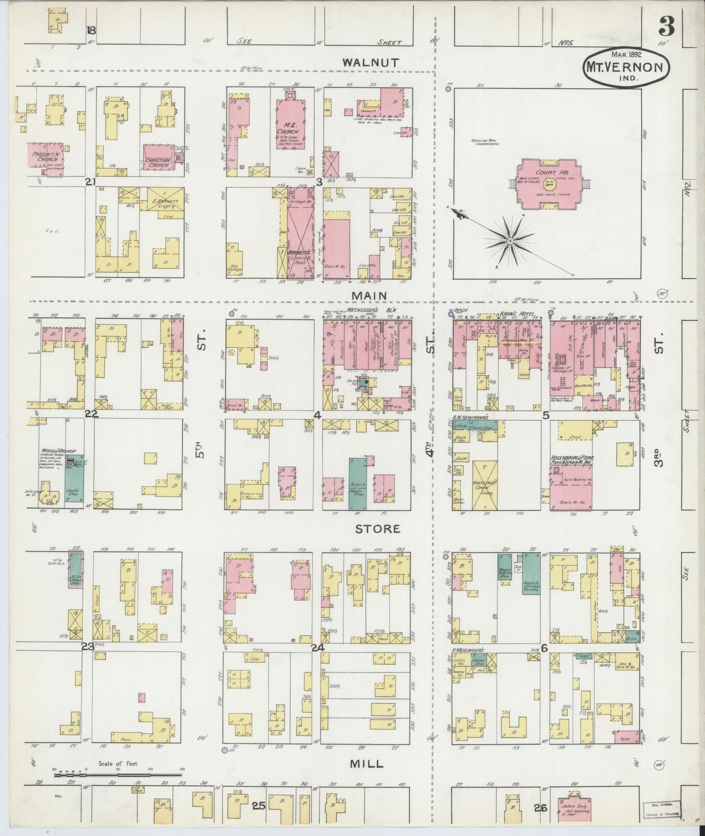 Sanborn Fire Insurance Map from Mount Vernon, Posey County, Indiana (1892), Sheet #0003 - Historic Sanborn Fire Insurance Map Print, vintage old map wall art, antique decor, genealogy gift, Indiana Indiana map