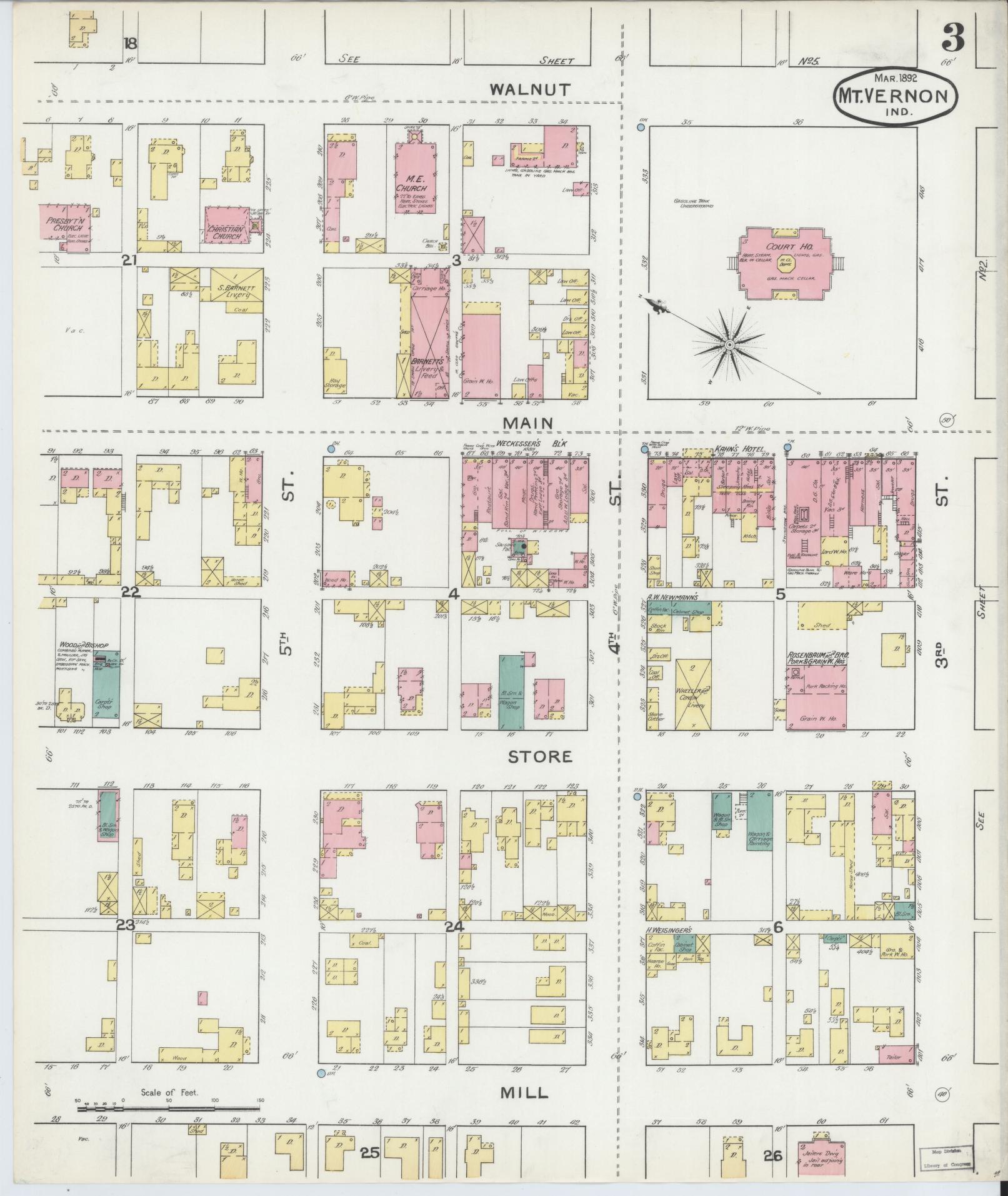 Sanborn Fire Insurance Map from Mount Vernon, Posey County, Indiana (1892), Sheet #0003 - Historic Sanborn Fire Insurance Map Print, vintage old map wall art, antique decor, genealogy gift, Indiana Indiana map