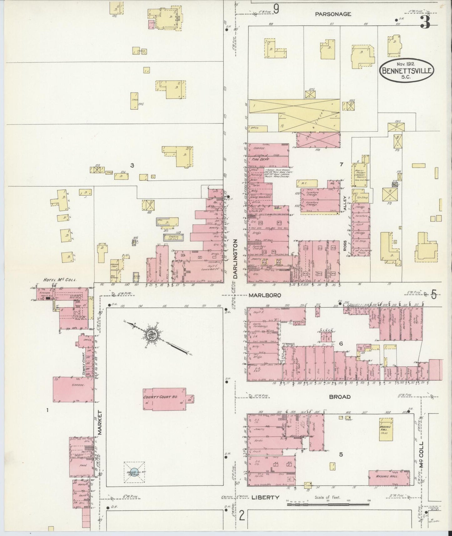 Sanborn Fire Insurance Map from Bennettsville, Marlboro County, South Carolina (1912), Sheet #0003 - Complete Map Set gallery image, historic Sanborn map, vintage wall art, South Carolina South Carolina