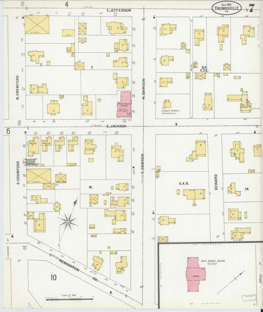 Sanborn Fire Insurance Map from Thomasville, Thomas County, Georgia (1900), Sheet #0007 - Historic Sanborn Fire Insurance Map Print, vintage old map wall art, antique decor, genealogy gift, Georgia Georgia map