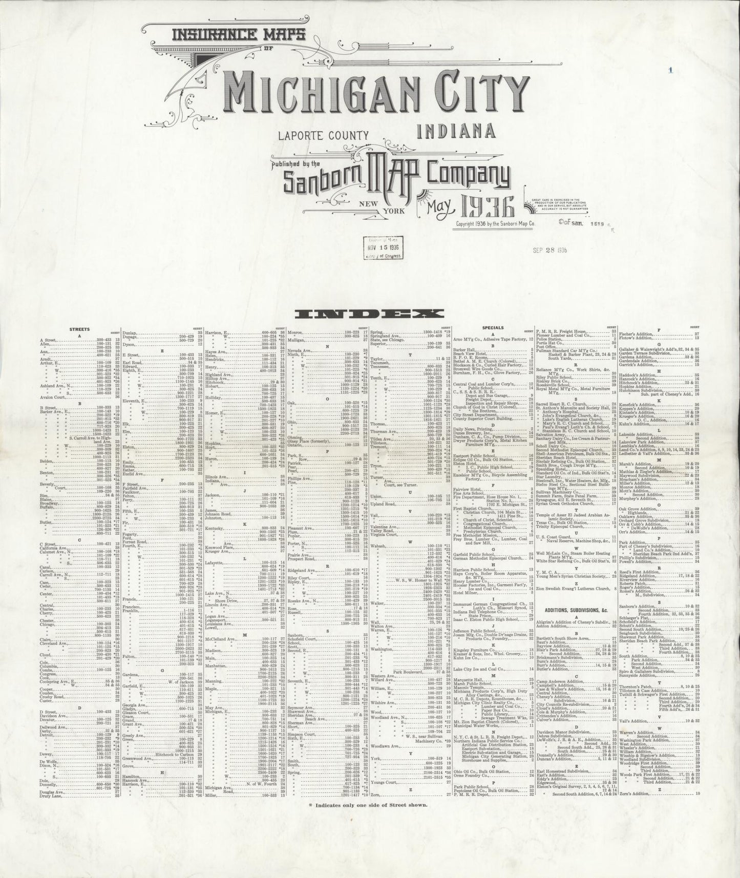 Sanborn Fire Insurance Map from Michigan City, La Porte County, Indiana (1936), Sheet #0001 - Historic Sanborn Fire Insurance Map Print, vintage old map wall art, antique decor, genealogy gift, Michigan Michigan map