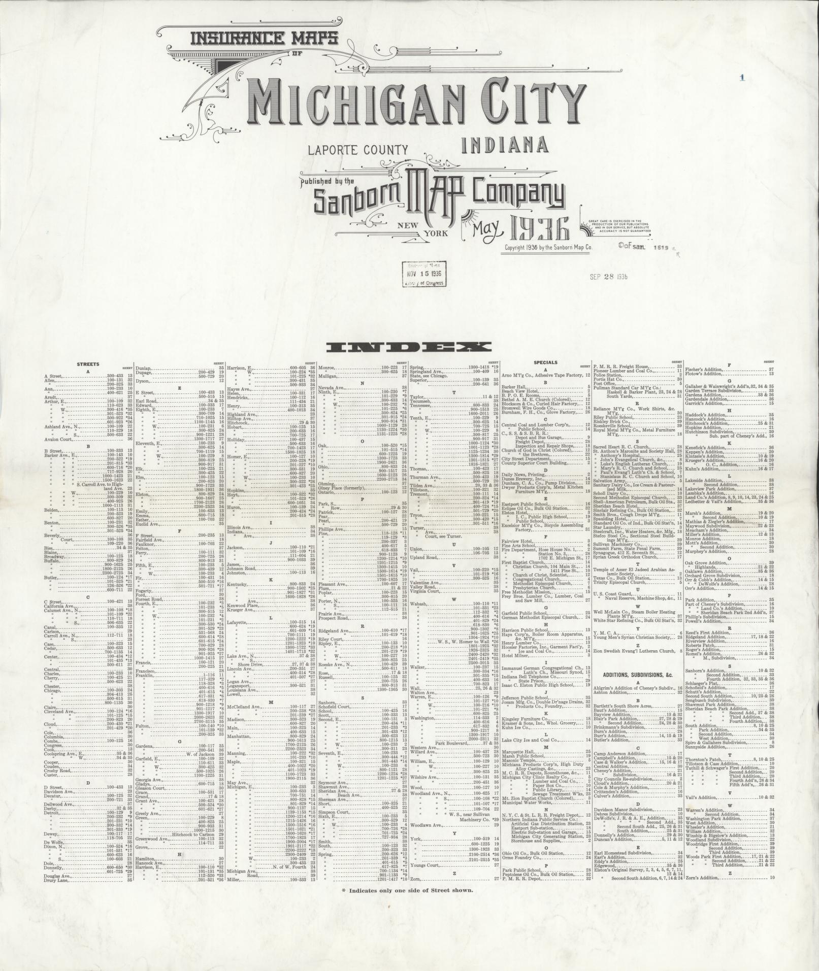 Sanborn Fire Insurance Map from Michigan City, La Porte County, Indiana (1936), Sheet #0001 - Historic Sanborn Fire Insurance Map Print, vintage old map wall art, antique decor, genealogy gift, Michigan Michigan map