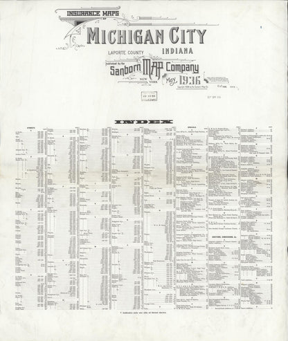 Sanborn Fire Insurance Map from Michigan City, La Porte County, Indiana (1936), Sheet #0001 - Historic Sanborn Fire Insurance Map Print, vintage old map wall art, antique decor, genealogy gift, Michigan Michigan map