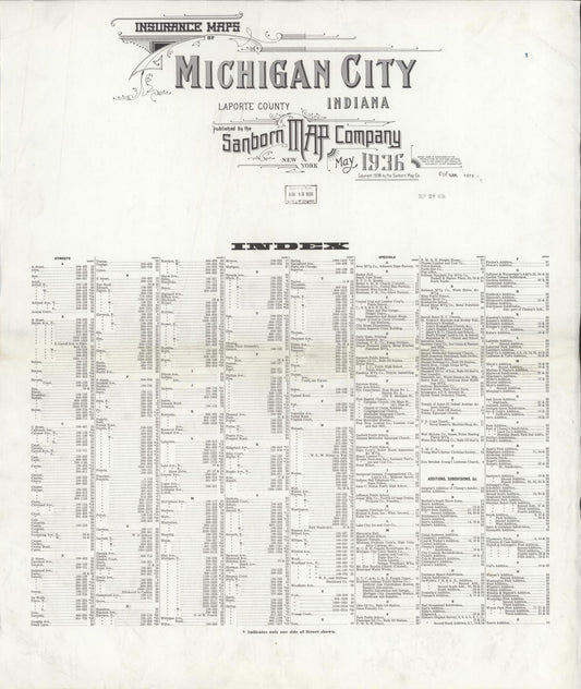 Sanborn Fire Insurance Map from Michigan City, La Porte County, Indiana (1936), Sheet #0001 - Historic Sanborn Fire Insurance Map Print, vintage old map wall art, antique decor, genealogy gift, Michigan Michigan map