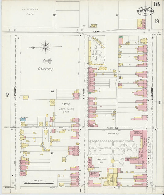 Frederick, Maryland - 1897 - Sanborn Fire Insurance Map, Sheet #0016 - Historic Sanborn Fire Insurance Map Print, Frederick Maryland 1897 0016 vintage old map wall art