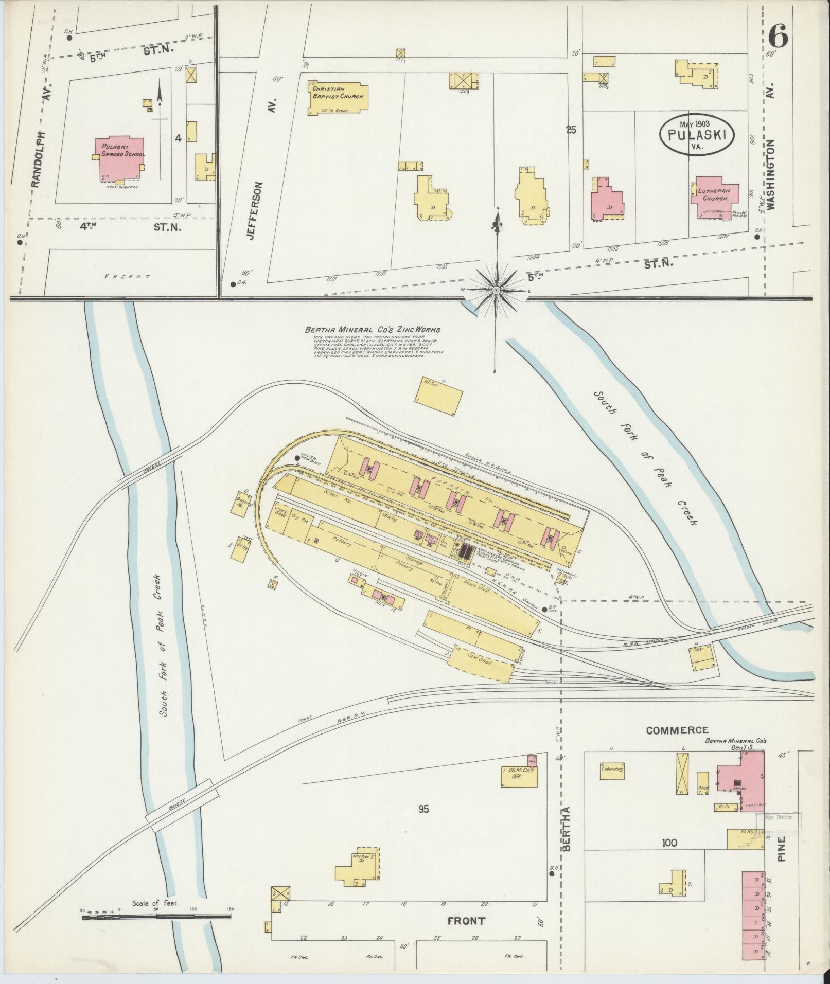 Sanborn Fire Insurance Map from Pulaski, Pulaski County, Virginia (1903), Sheet #0006 - Complete Map Set gallery image, historic Sanborn map, vintage wall art, Virginia Virginia