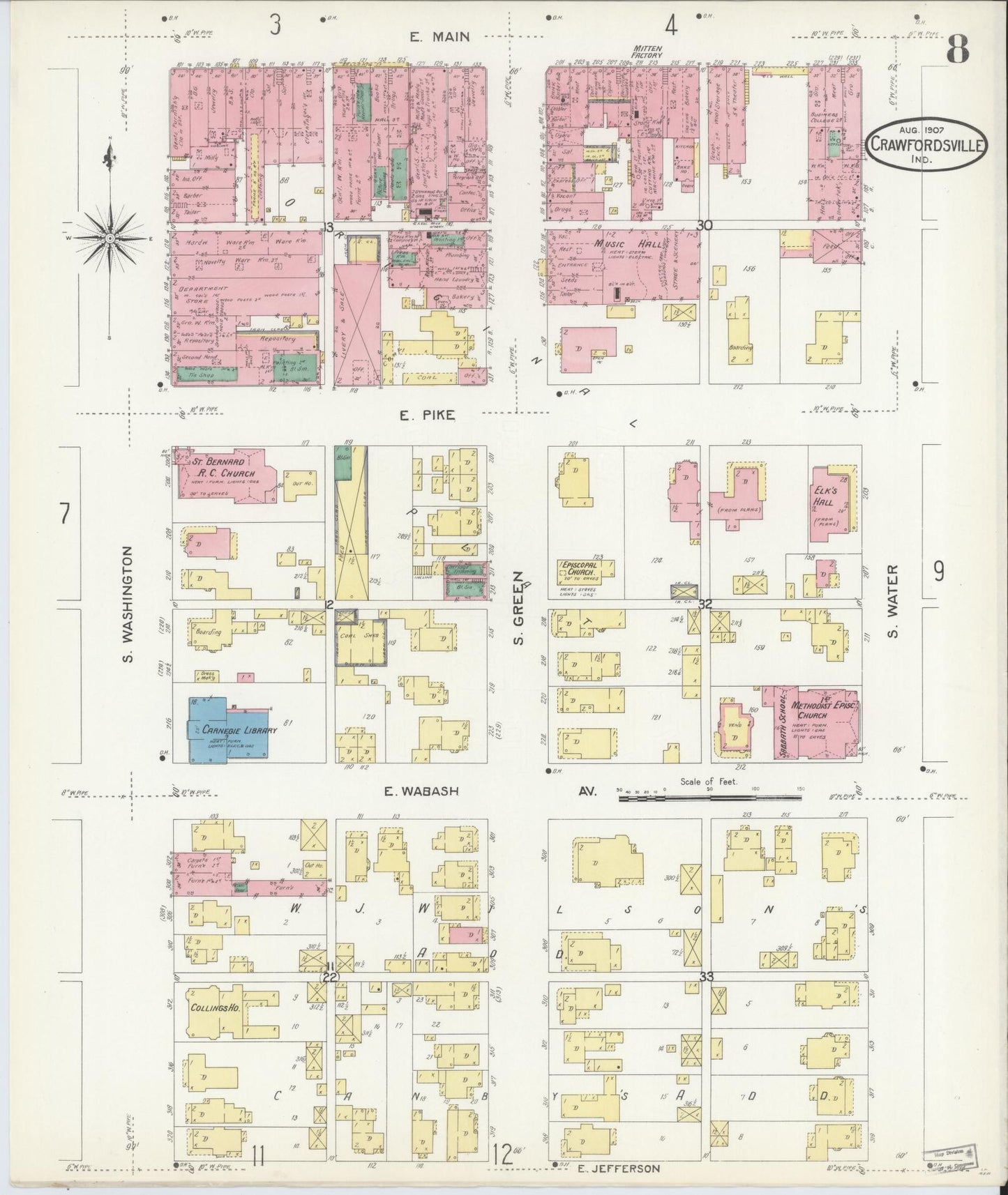 Sanborn Fire Insurance Map from Crawfordsville, Montgomery County, Indiana (1907), Sheet #0008 - Complete Map Set gallery image, historic Sanborn map, vintage wall art, Indiana Indiana