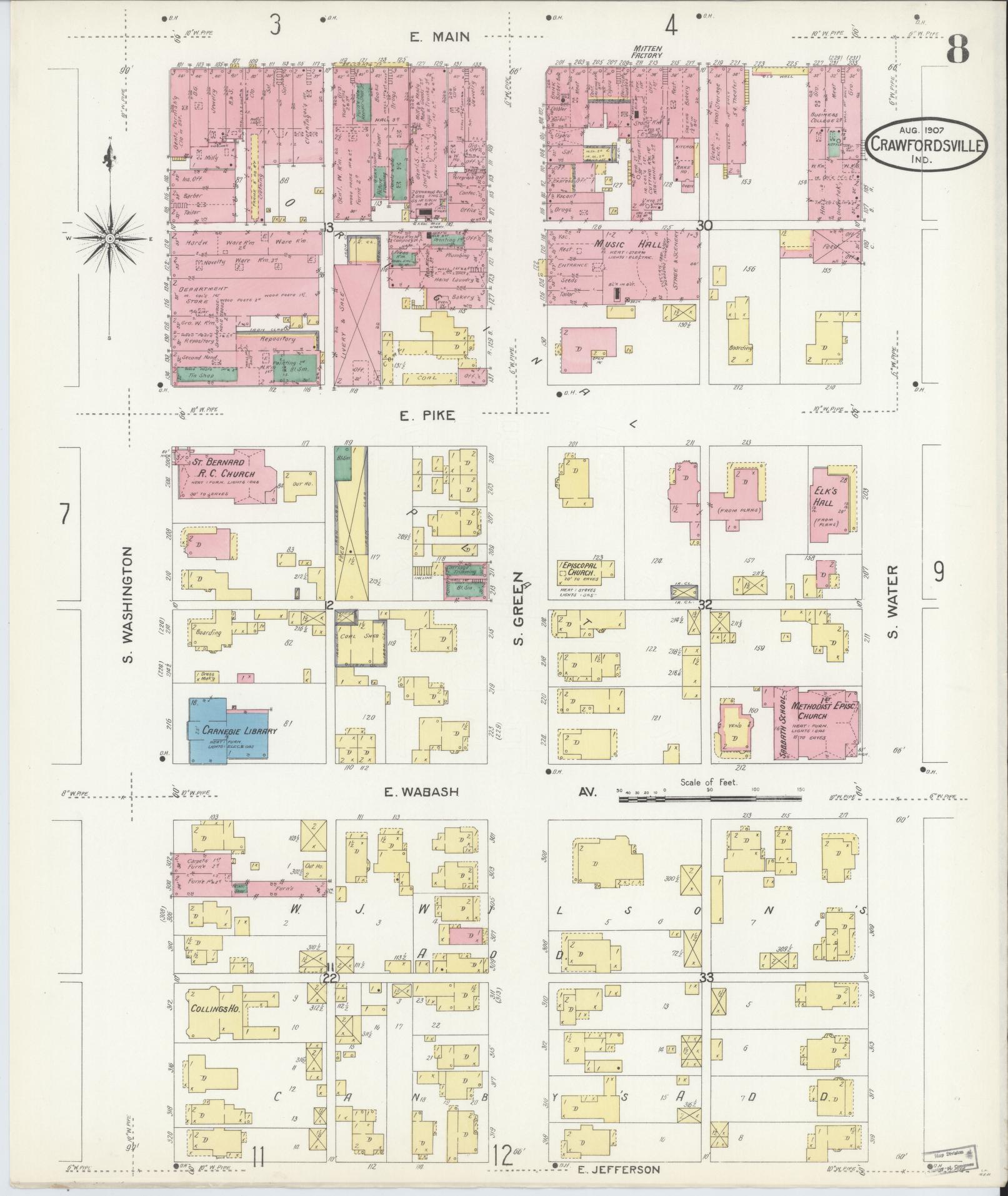Sanborn Fire Insurance Map from Crawfordsville, Montgomery County, Indiana (1907), Sheet #0008 - Complete Map Set gallery image, historic Sanborn map, vintage wall art, Indiana Indiana