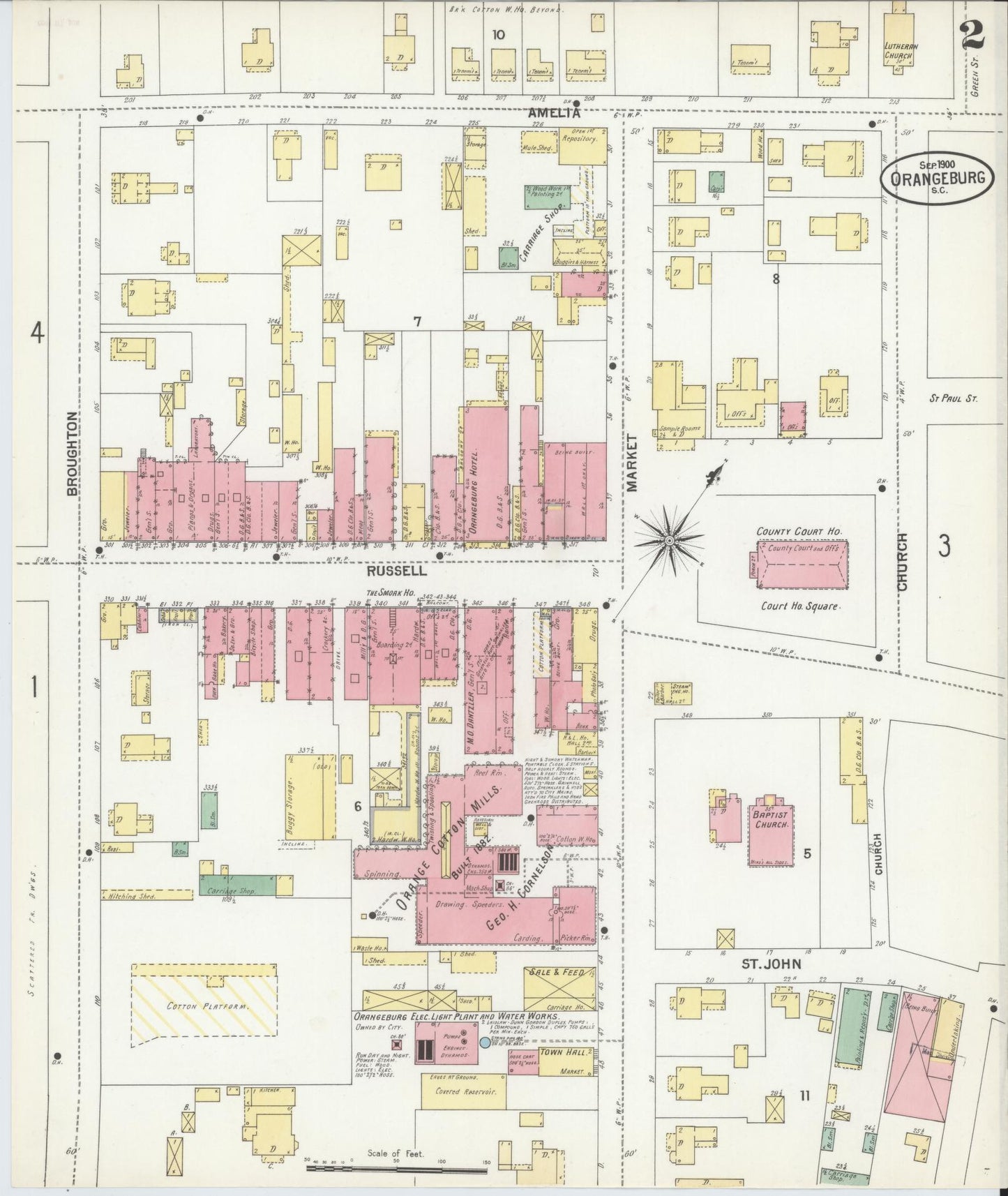 Sanborn Fire Insurance Map from Orangeburg, Orangeburg County, South Carolina (1900), Sheet #0002 - Complete Map Set gallery image, historic Sanborn map, vintage wall art, South Carolina South Carolina