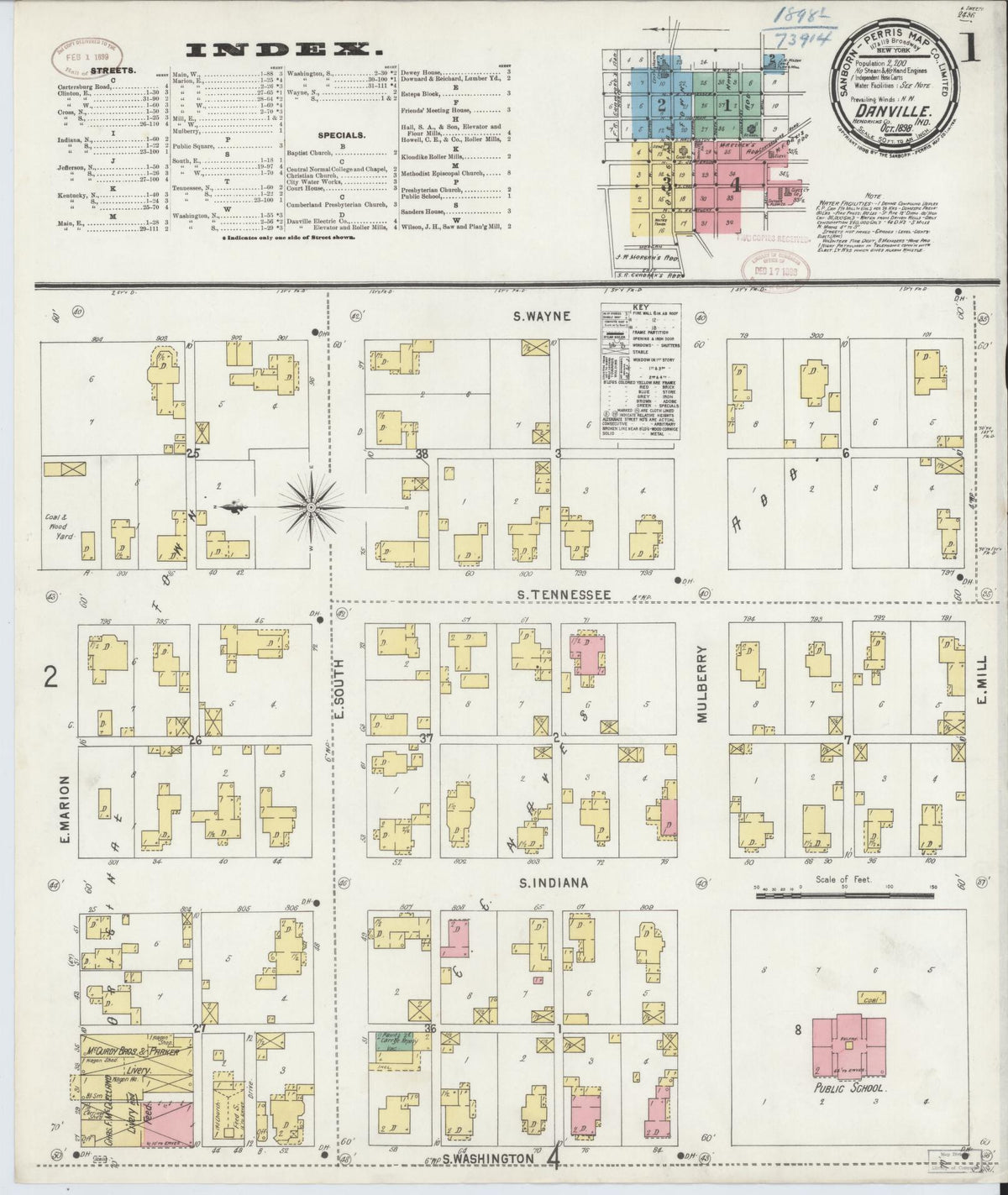 Sanborn Fire Insurance Map from Danville, Hendricks County, Indiana (1898), Sheet #0001 - Historic Sanborn Fire Insurance Map Print, vintage old map wall art, antique decor, genealogy gift, Indiana Indiana map
