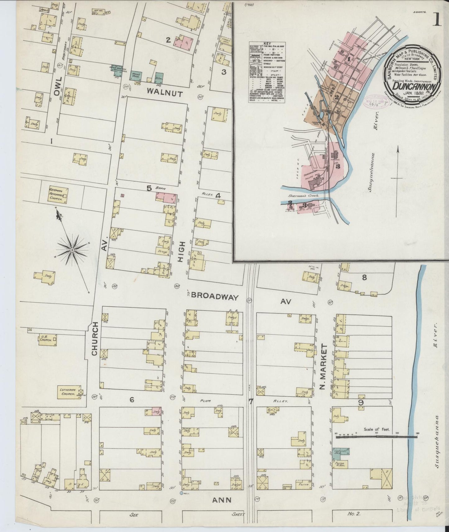 Sanborn Fire Insurance Map from Duncannon, Perry County, Pennsylvania (1888), Sheet #0001 - Historic Sanborn Fire Insurance Map Print, vintage old map wall art, antique decor, genealogy gift, Pennsylvania Pennsylvania map