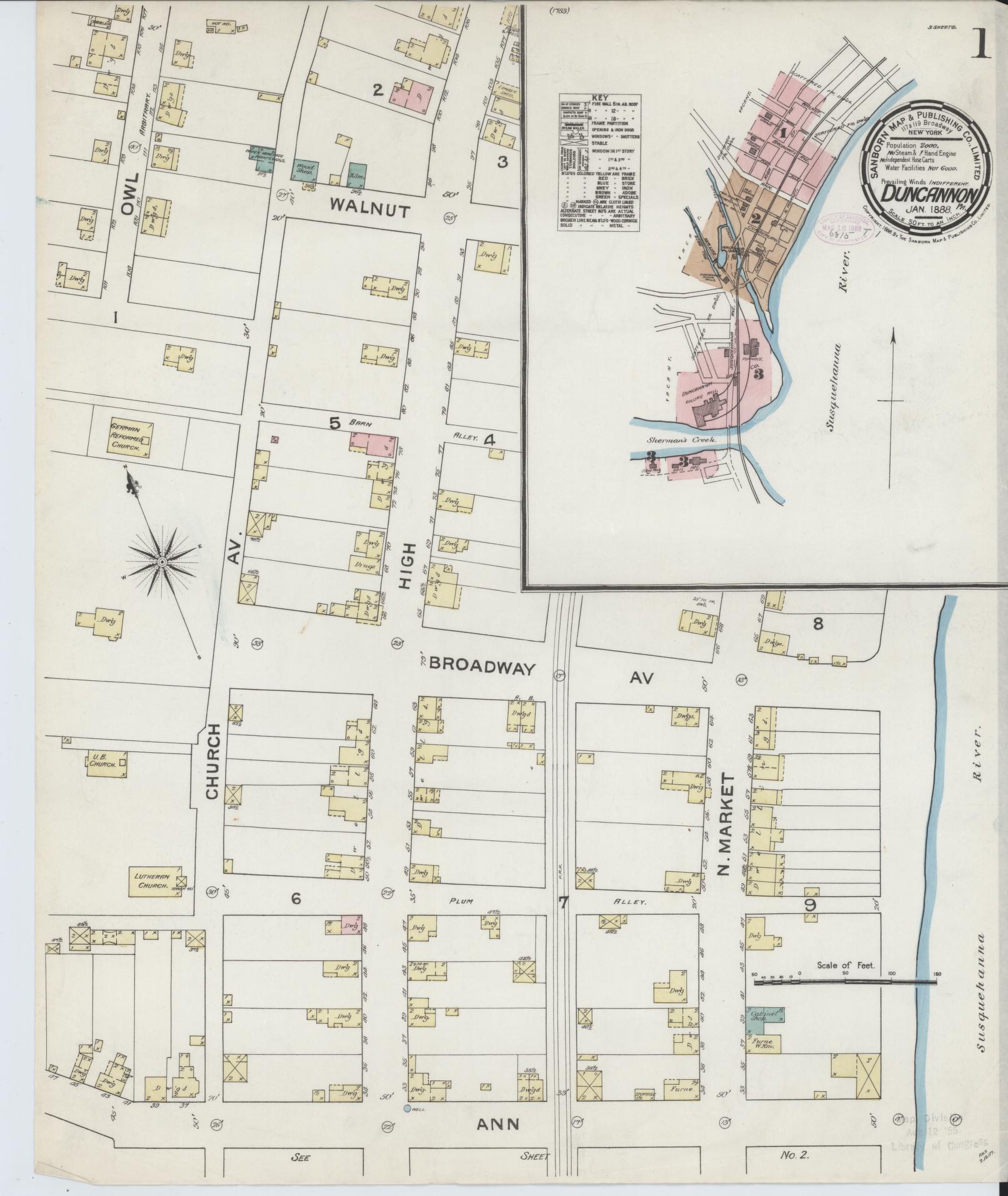 Sanborn Fire Insurance Map from Duncannon, Perry County, Pennsylvania (1888), Sheet #0001 - Historic Sanborn Fire Insurance Map Print, vintage old map wall art, antique decor, genealogy gift, Pennsylvania Pennsylvania map