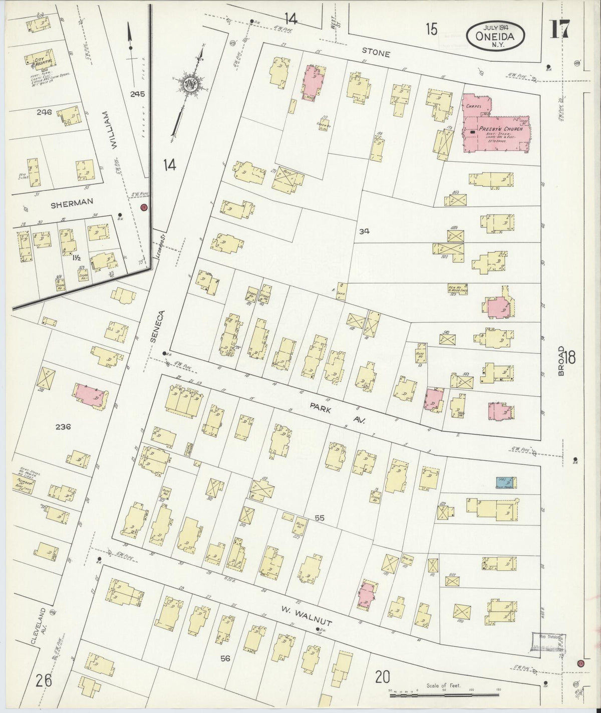 Sanborn Fire Insurance Map from Oneida, Madison County, New York (1914), Sheet #0017 - Historic Sanborn Fire Insurance Map Print, vintage old map wall art, antique decor, genealogy gift, New York New York map
