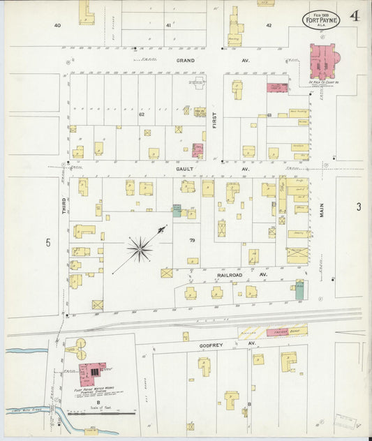 Sanborn Fire Insurance Map from Fort Payne, Dekalb County, Alabama (1909), Sheet #0004 - Historic Sanborn Fire Insurance Map Print, vintage old map wall art, antique decor, genealogy gift, Alabama Alabama map