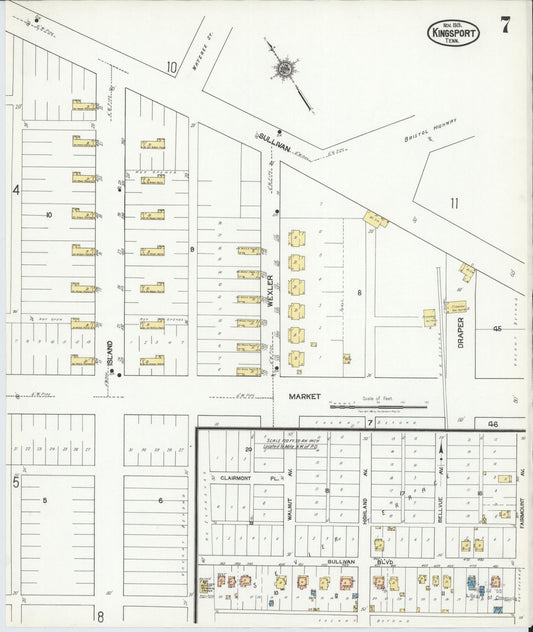 Sanborn Fire Insurance Map from Kingsport, Sullivan County, Tennessee (1919), Sheet #0007 - Historic Sanborn Fire Insurance Map Print, vintage old map wall art, antique decor, genealogy gift, Tennessee Tennessee map