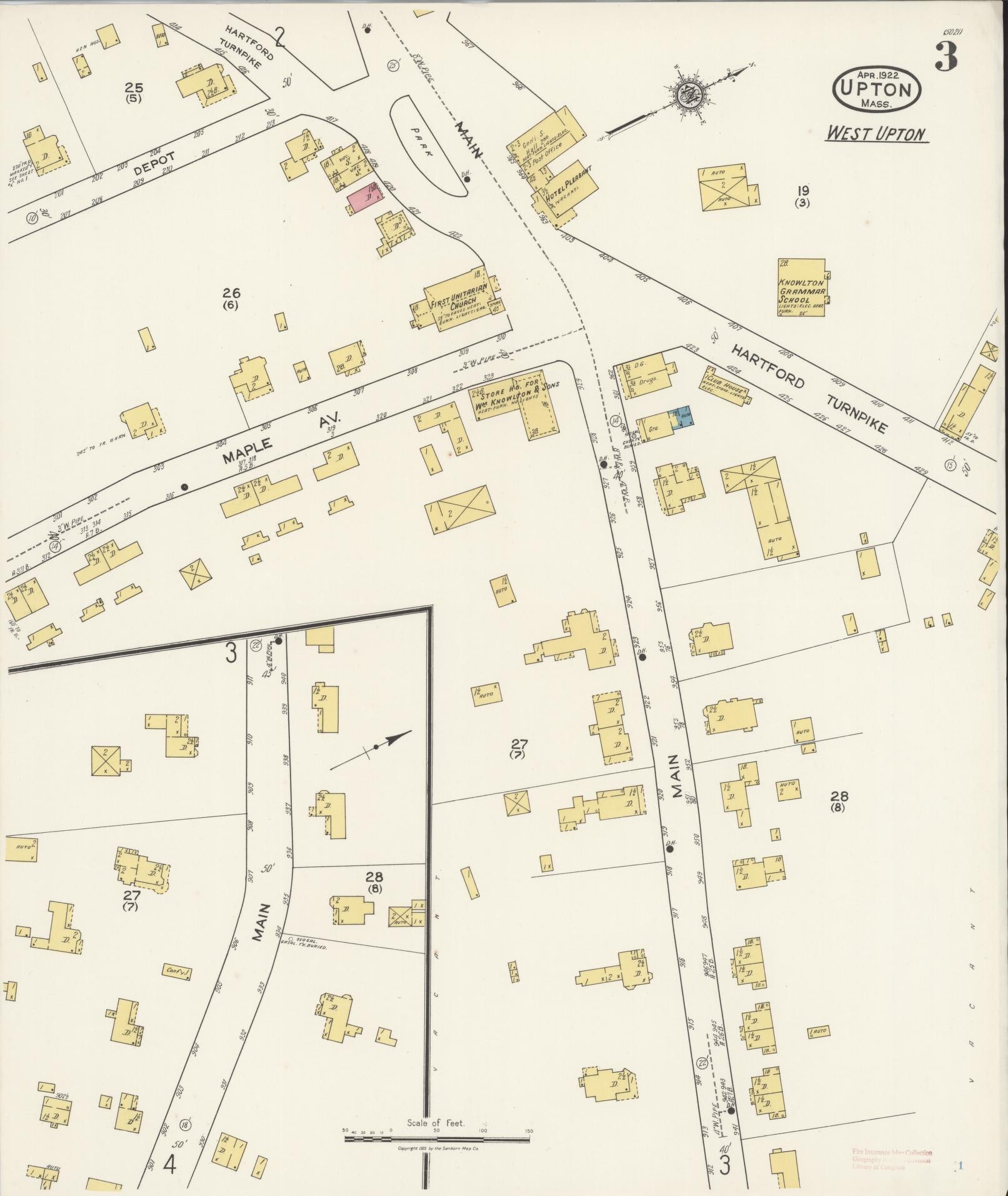 Sanborn Fire Insurance Map from Upton, Worcester County, Massachusetts (1922), Sheet #0003 - Complete Map Set gallery image, historic Sanborn map, vintage wall art, Massachusetts Massachusetts