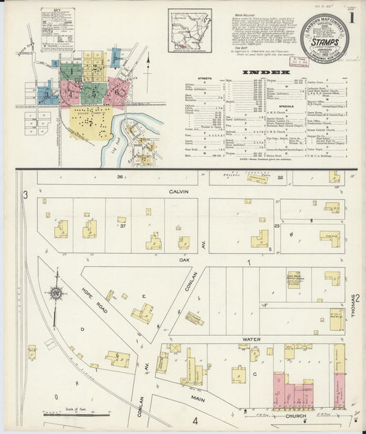 Sanborn Fire Insurance Map from Stamps, Lafayette County, Arkansas (1913), Sheet #0001 - Complete Map Set gallery image, historic Sanborn map, vintage wall art, Arkansas Arkansas