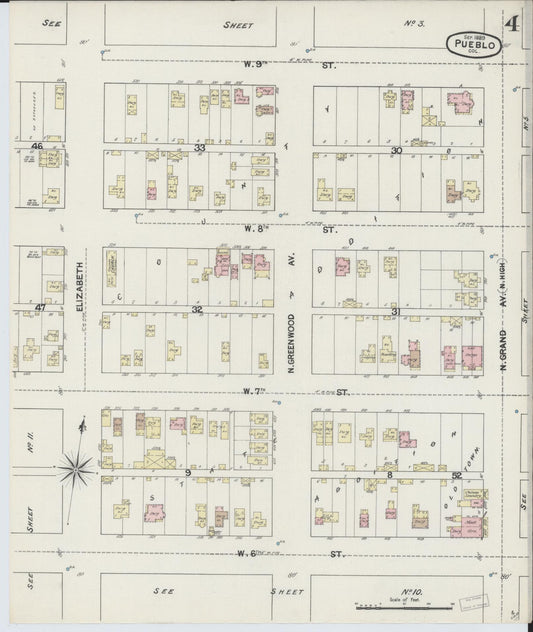 Sanborn Fire Insurance Map from Pueblo, Pueblo County, Colorado (1889), Sheet #0004 - Historic Sanborn Fire Insurance Map Print, vintage old map wall art, antique decor, genealogy gift, Colorado Colorado map